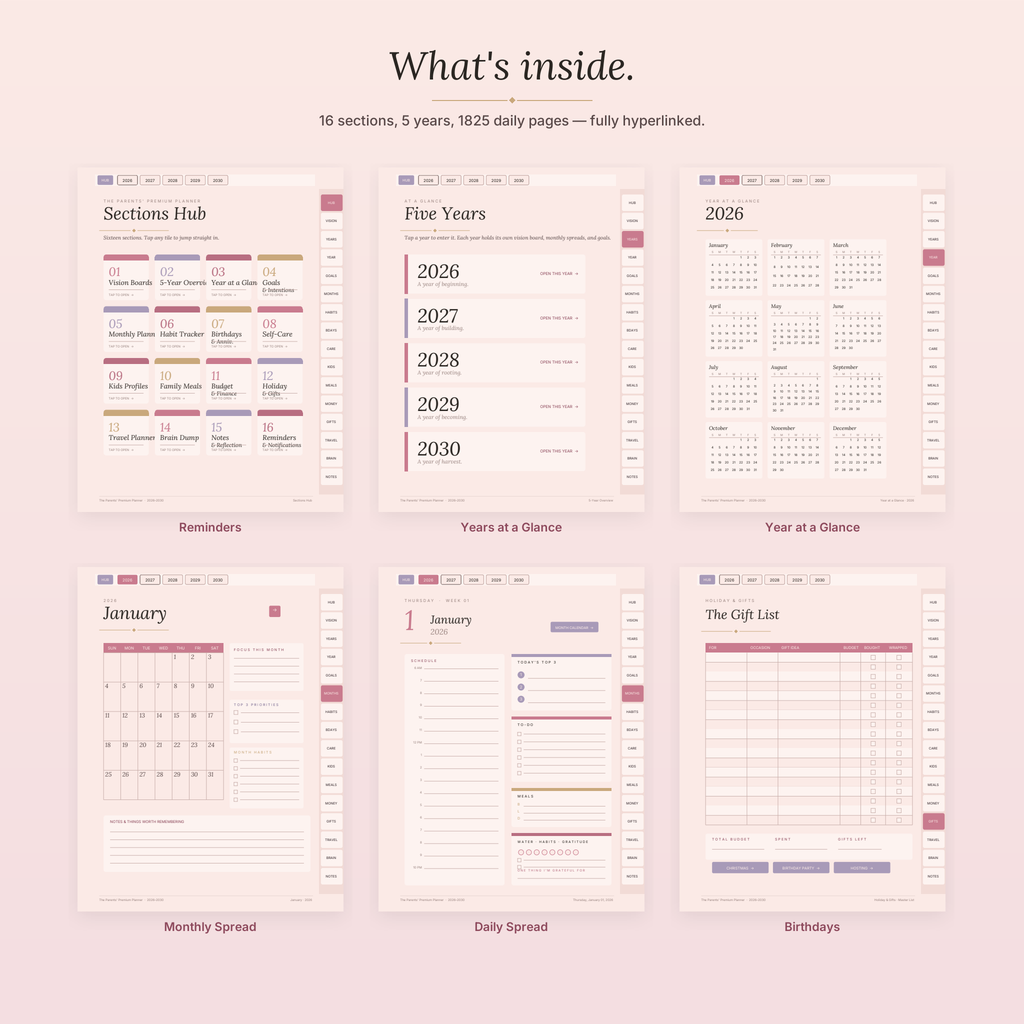 Inside tour of the Parents Premium Planner showing yearly and monthly spreads