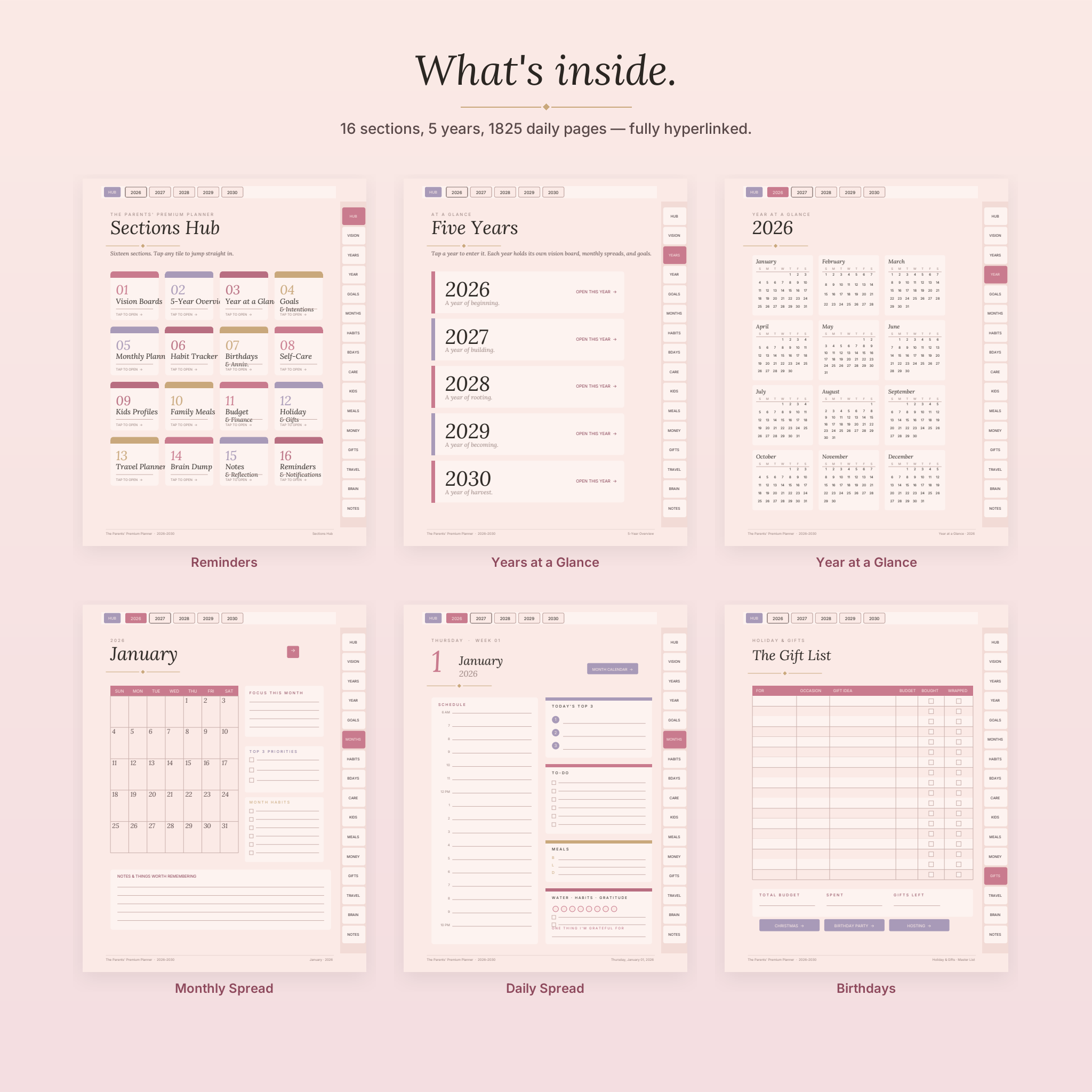 Inside tour of the Parents Premium Planner showing yearly and monthly spreads