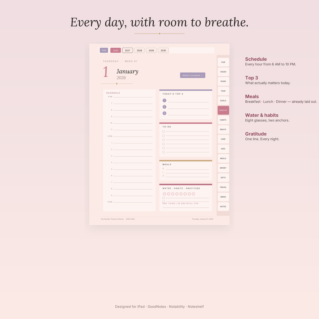 Daily detail planning page with hyperlinked navigation
