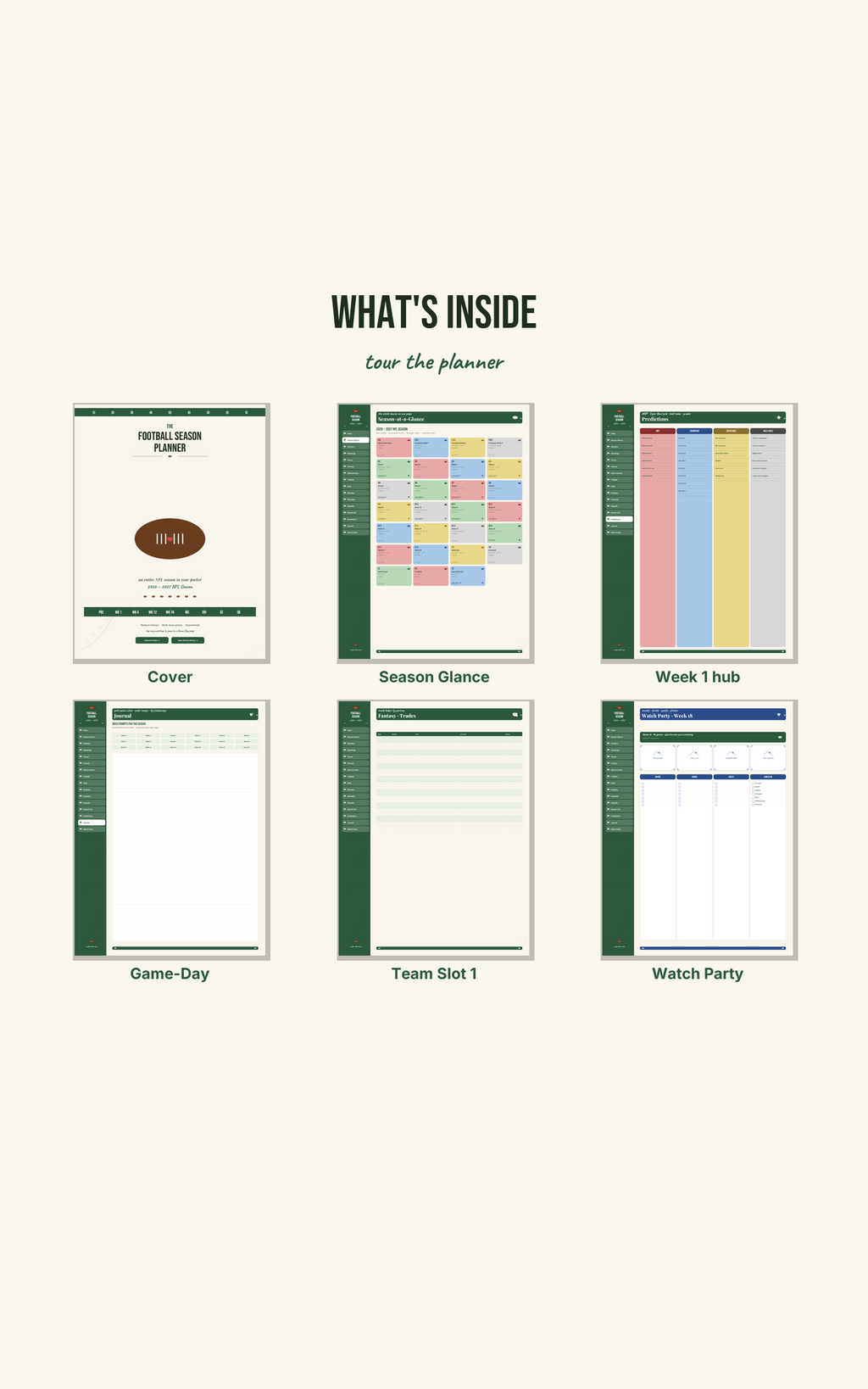 Inside the Planner — cover, season glance, week hub, game day, team profile, watch party