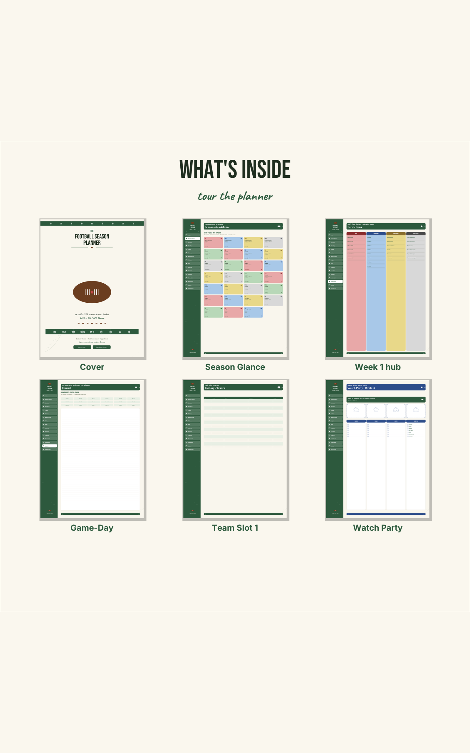 Inside the Planner — cover, season glance, week hub, game day, team profile, watch party
