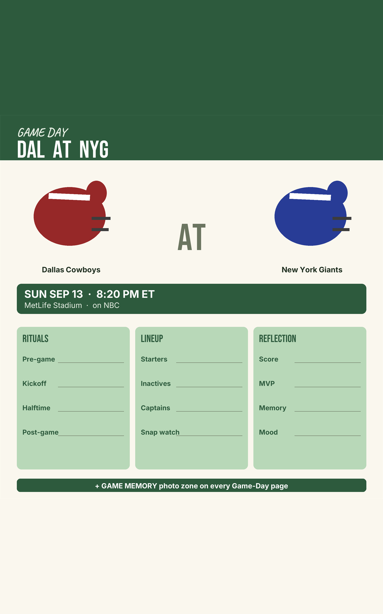 Game-Day Card — Dallas Cowboys at New York Giants matchup with rituals, lineup, reflection panels
