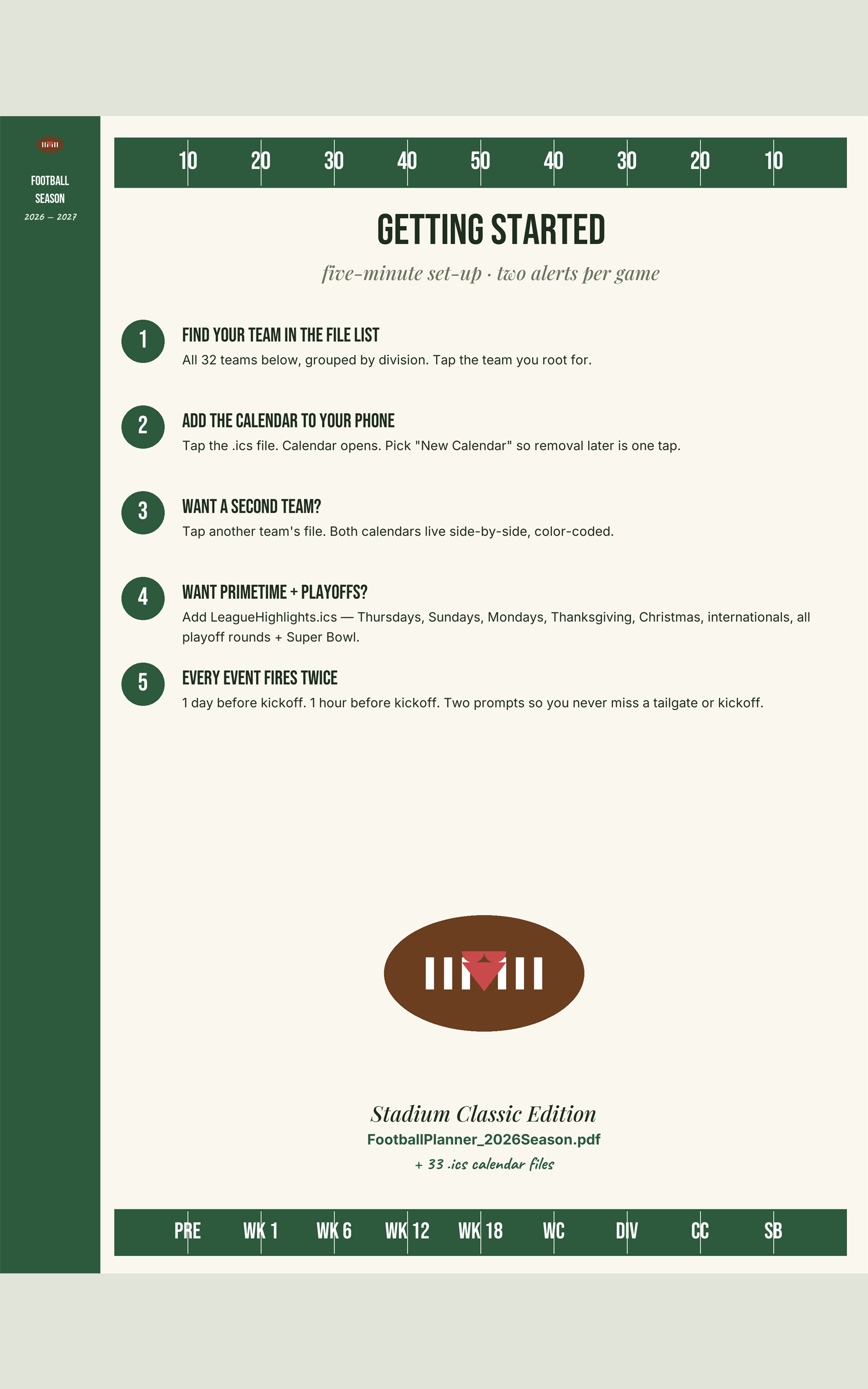 Getting Started guide — five-minute set-up with dual game-day alerts